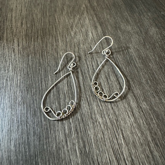 Silver Hoop Earrings - Bohemian Dangle Hoops - Wire Wrapped Silver Drop Earrings - Picture 5 of 7